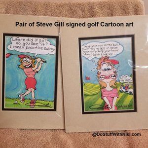 Pair of Steve Gill signed golf Cartoon art.